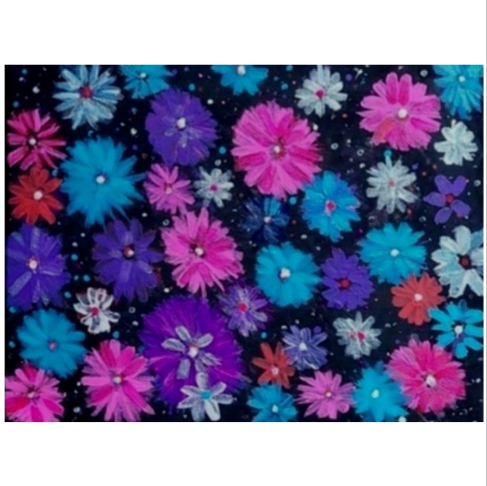 Hand Crafted Vibrant Floral Painting  Pink  Blue and Purple 11x14 Inches - Picture 4 of 4